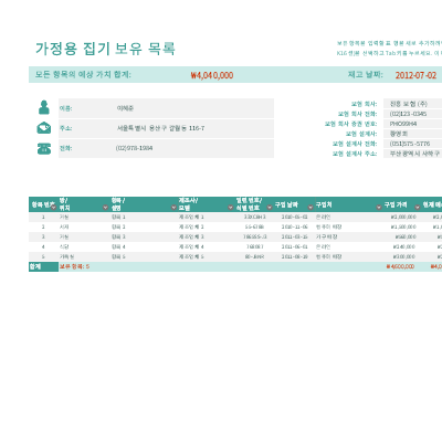 가정용 집기 보유 목록 가정용 집기 보유 목록